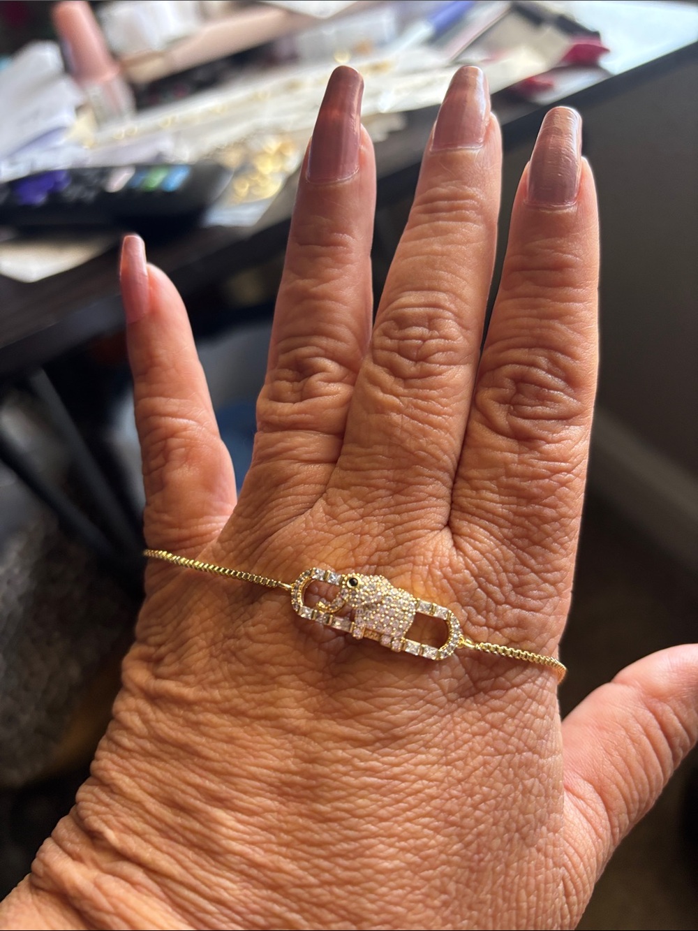 Gold-Tone Pave Elephant Bracelet - Women's Jewelry. Laminated Gold.  Adjustable